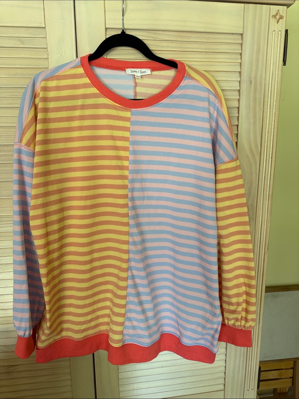 Sewn + Seen Color Block Stripe Long Sleeve Sweatshirt - Yellow & Light Blue
